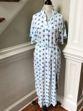 Skemo Jaipur Maxi Shirt Dress Womens Small White Blue Palm Print Short Sleeve